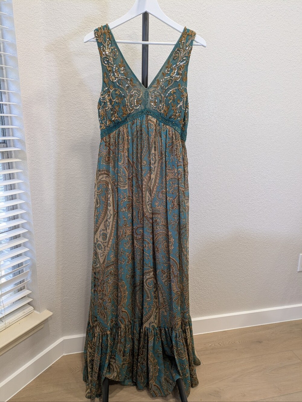 Anthropologie Teal Paisley Maxi Dress with Gold Accents - Picture 2 of 14